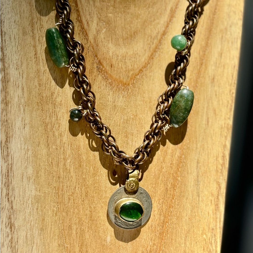 Handmade Vintage Brass Chain with Green Serpentine Stone and Kuchi Green Charm